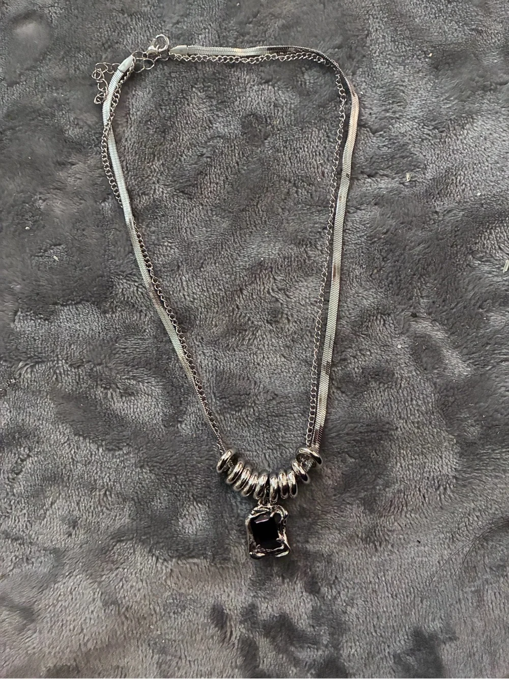 Men's Double Layer Stainless Steel Cuban Link Necklace, Black Gemstone Pendant